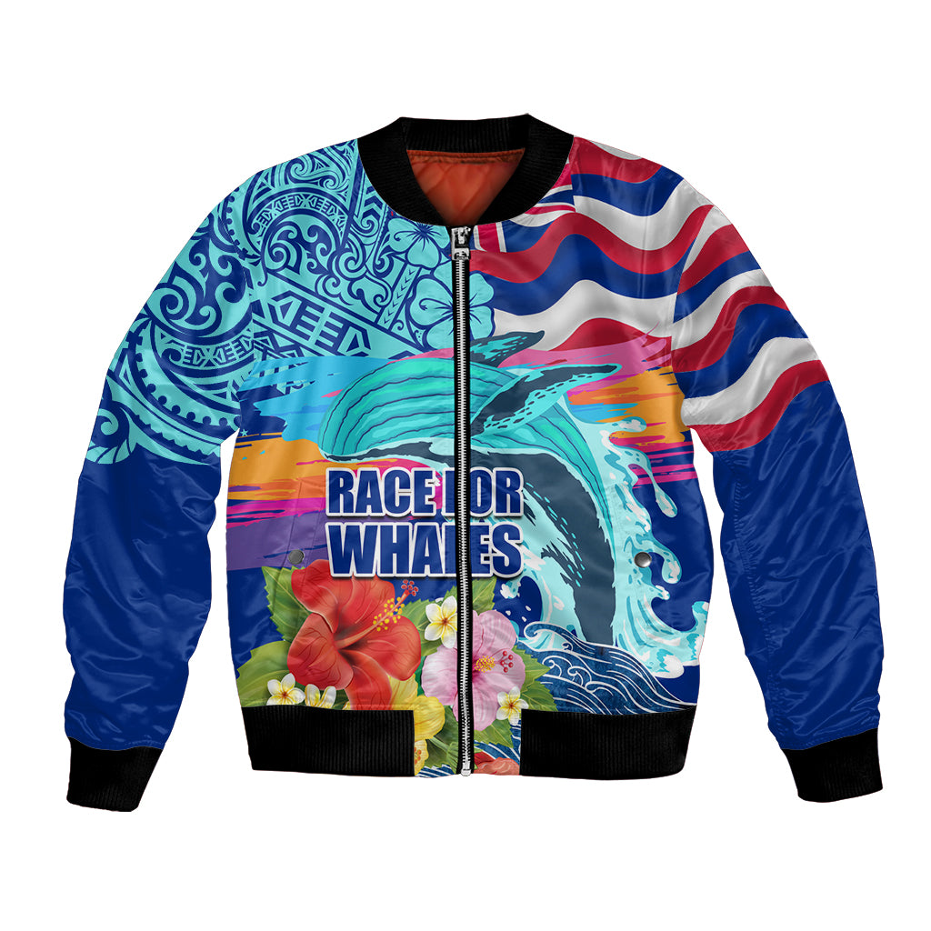 Hawaii Race For Whales Bomber Jacket Flag and Polynesian Hibiscus LT03 Unisex Blue - Polynesian Pride