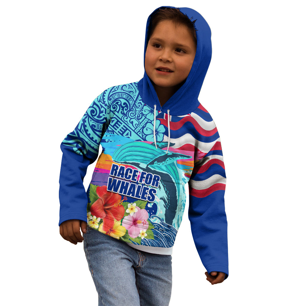 Hawaii Race For Whales Kid Hoodie Flag and Polynesian Hibiscus LT03 - Polynesian Pride