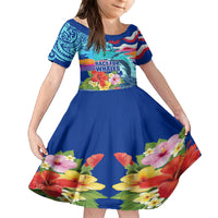 Hawaii Race For Whales Kid Short Sleeve Dress Flag and Polynesian Hibiscus LT03 KID Blue - Polynesian Pride