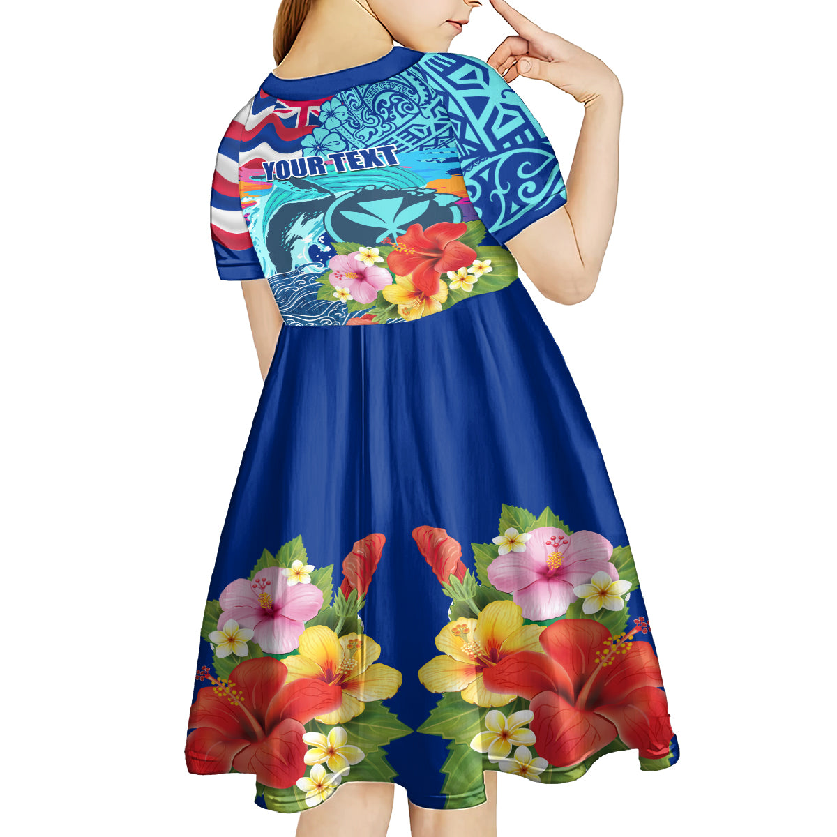 Hawaii Race For Whales Kid Short Sleeve Dress Flag and Polynesian Hibiscus LT03 - Polynesian Pride