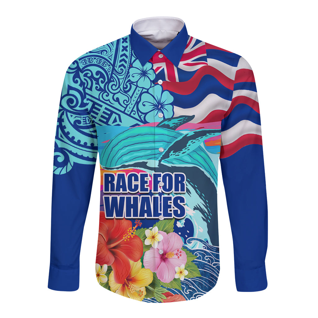 Hawaii Race For Whales Long Sleeve Button Shirt Flag and Polynesian Hibiscus LT03 Unisex Blue - Polynesian Pride