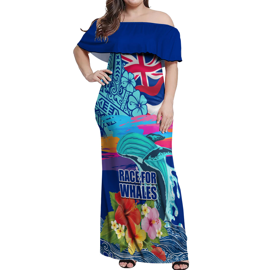 Hawaii Race For Whales Off Shoulder Maxi Dress Flag and Polynesian Hibiscus LT03 Women Blue - Polynesian Pride