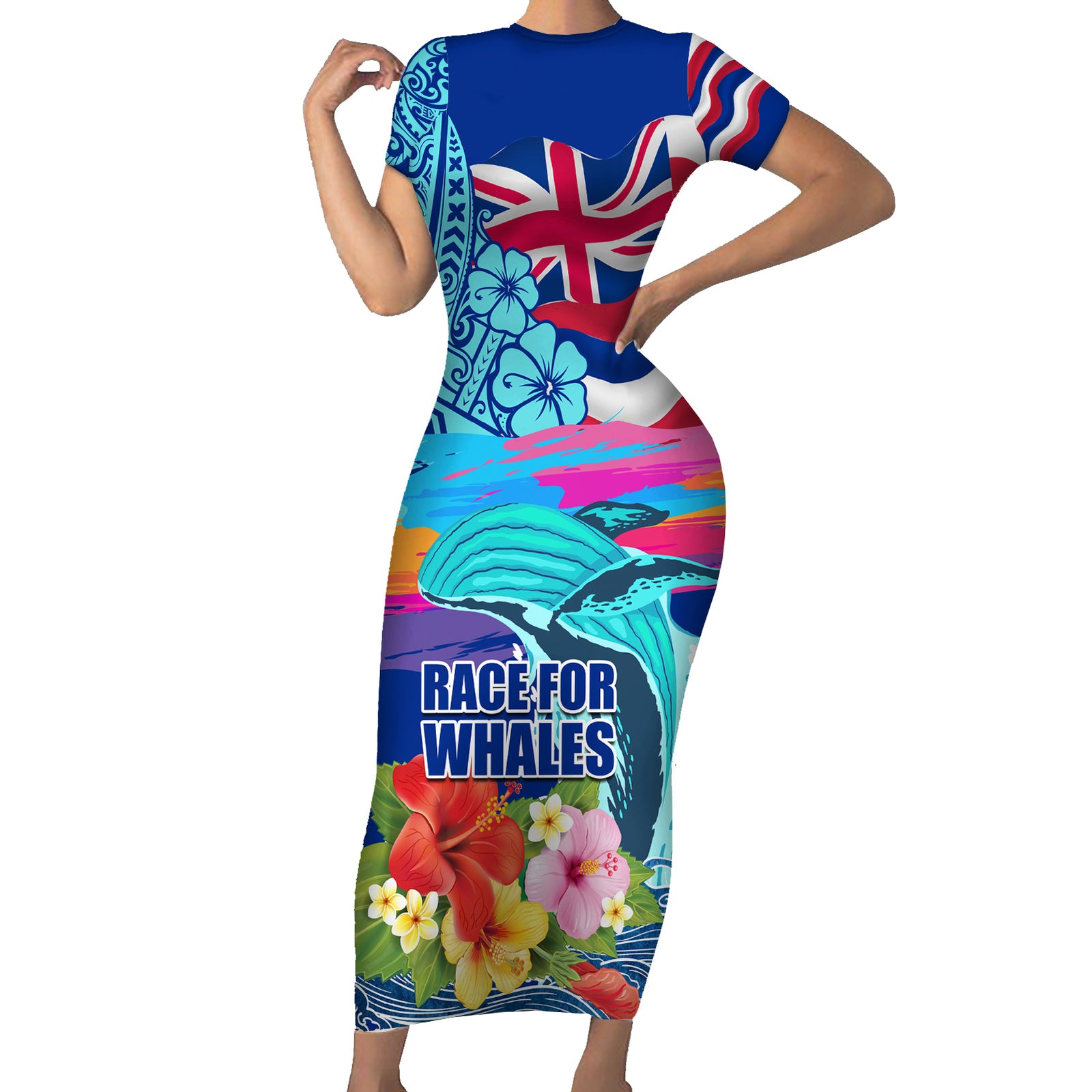 Hawaii Race For Whales Short Sleeve Bodycon Dress Flag and Polynesian Hibiscus LT03 Long Dress Blue - Polynesian Pride