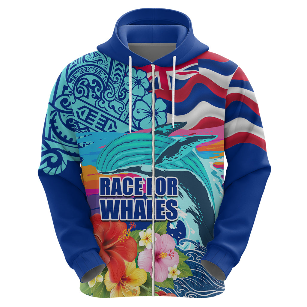 Hawaii Race For Whales Zip Hoodie Flag and Polynesian Hibiscus LT03 - Polynesian Pride