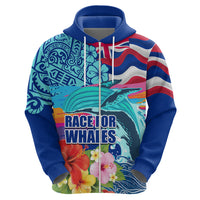 Hawaii Race For Whales Zip Hoodie Flag and Polynesian Hibiscus LT03 - Polynesian Pride
