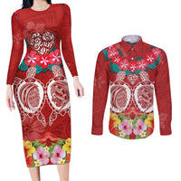 Polynesian Valentine Day Couples Matching Long Sleeve Bodycon Dress and Long Sleeve Button Shirt Love Couple Turtle Maori Hibiscus Red Style LT03 Red - Polynesian Pride