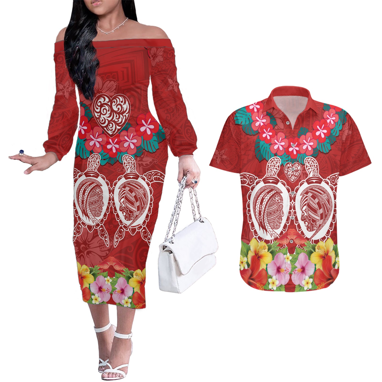 Polynesian Valentine Day Couples Matching Off The Shoulder Long Sleeve Dress and Hawaiian Shirt Love Couple Turtle Maori Hibiscus Red Style LT03 Red - Polynesian Pride