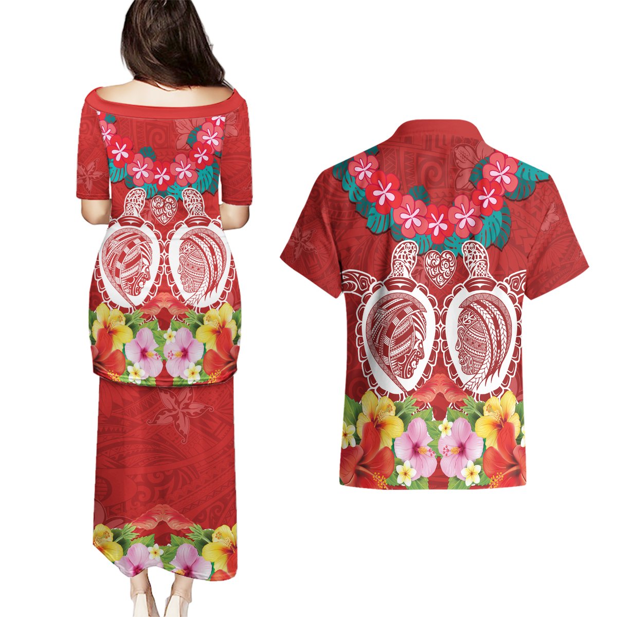 Polynesian Valentine Day Couples Matching Puletasi and Hawaiian Shirt Love Couple Turtle Maori Hibiscus Red Style LT03 - Polynesian Pride