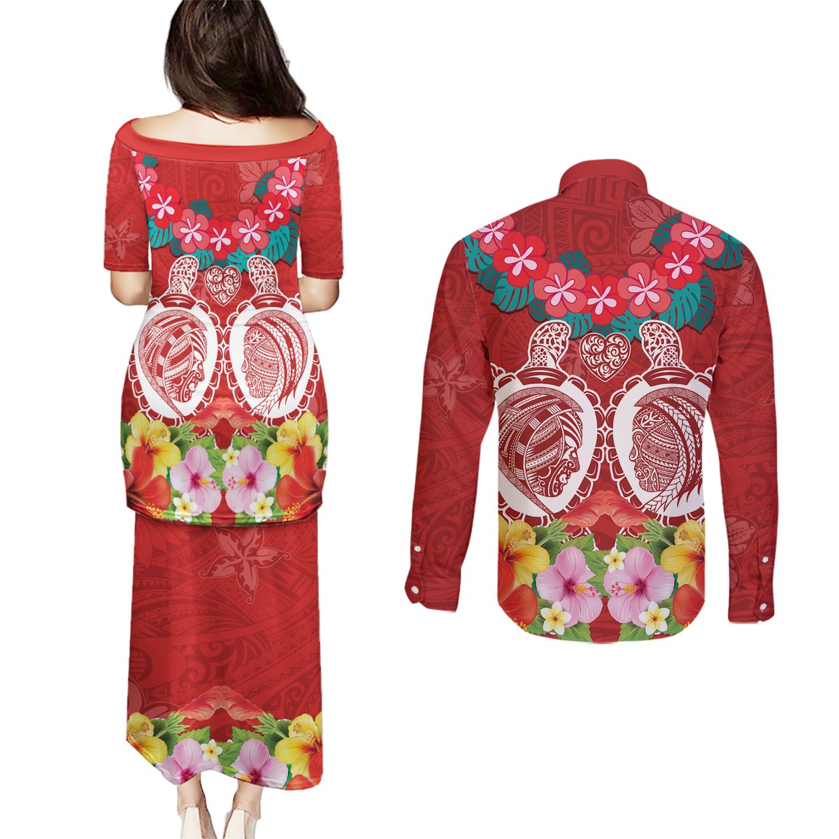 Polynesian Valentine Day Couples Matching Puletasi and Long Sleeve Button Shirt Love Couple Turtle Maori Hibiscus Red Style LT03 - Polynesian Pride