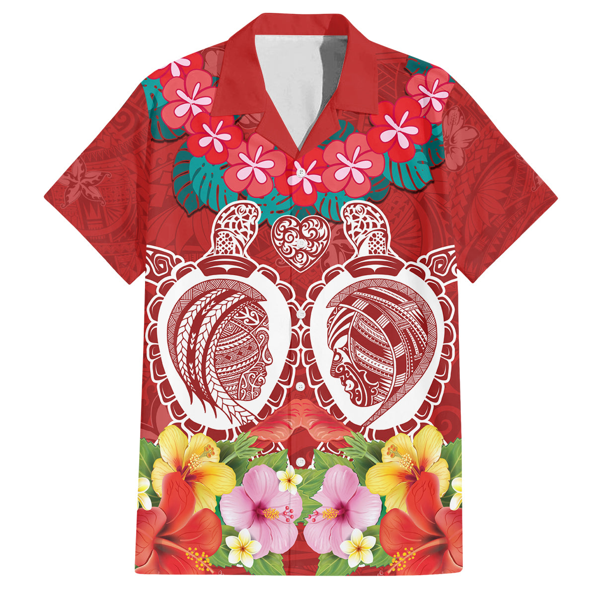 Polynesian Valentine Day Family Matching Long Sleeve Bodycon Dress and Hawaiian Shirt Love Couple Turtle Maori Hibiscus Red Style LT03 Dad's Shirt - Short Sleeve Red - Polynesian Pride