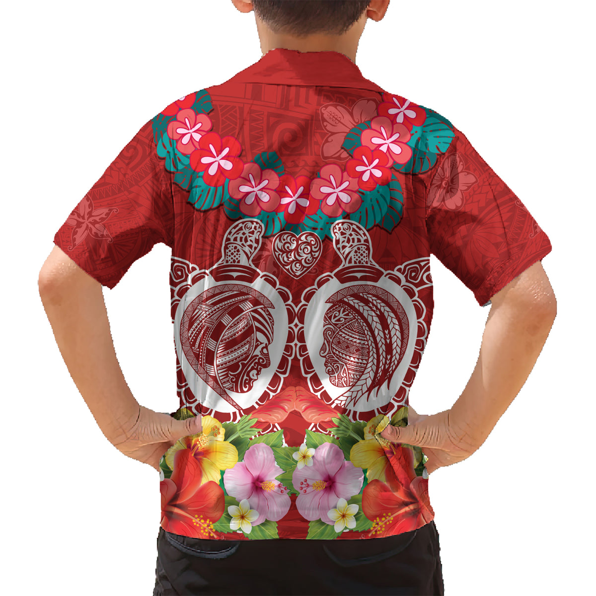 Polynesian Valentine Day Kid Hawaiian Shirt Love Couple Turtle Maori Hibiscus Red Style LT03 - Polynesian Pride