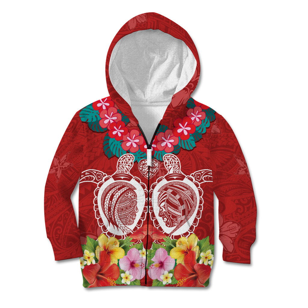 Polynesian Valentine Day Kid Hoodie Love Couple Turtle Maori Hibiscus Red Style LT03 Zip Hoodie Red - Polynesian Pride