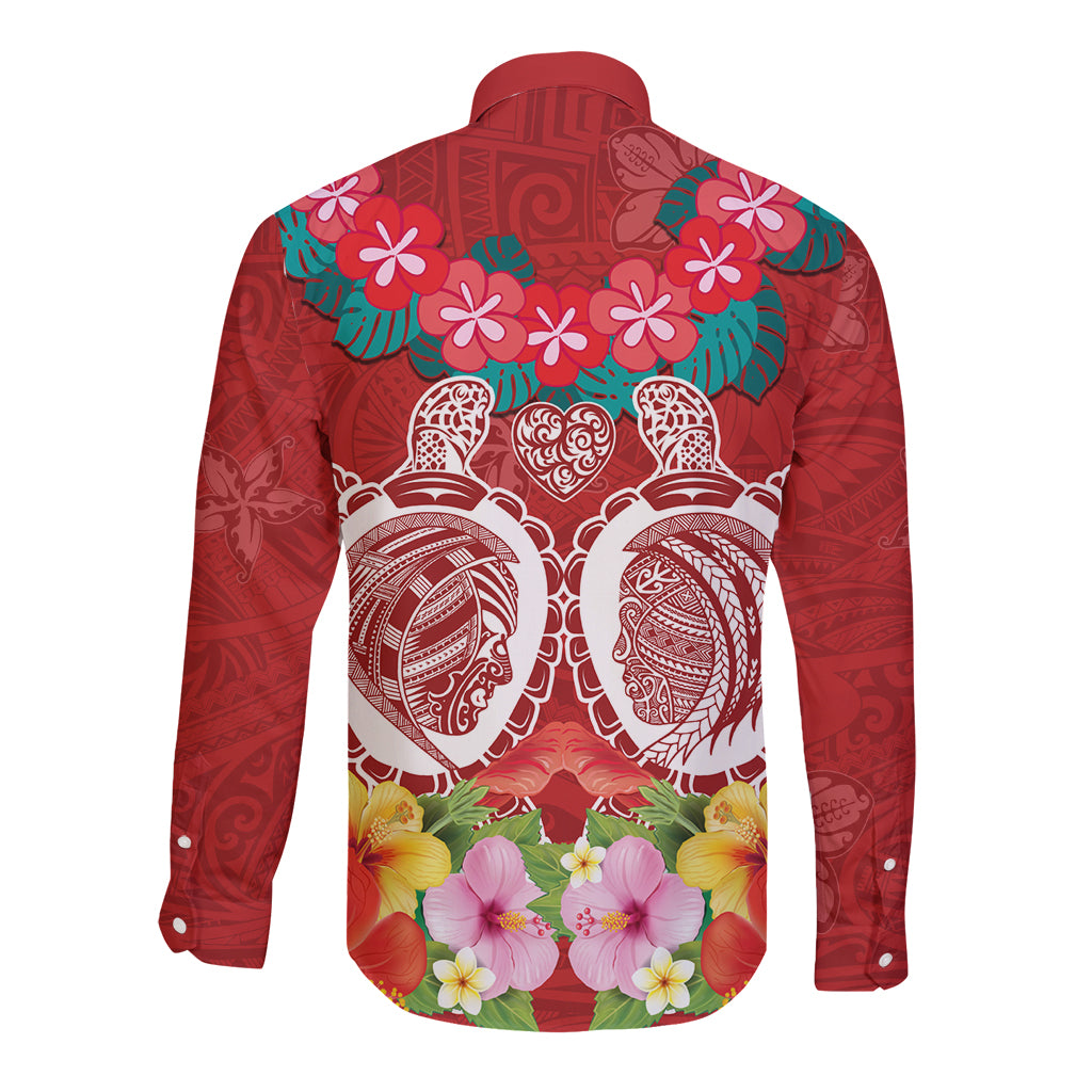 Polynesian Valentine Day Long Sleeve Button Shirt Love Couple Turtle Maori Hibiscus Red Style LT03 - Polynesian Pride
