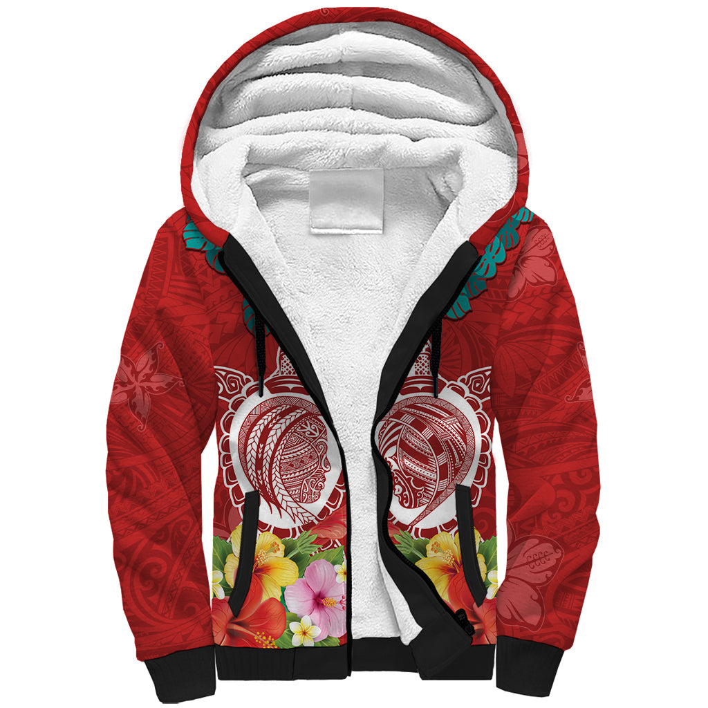 Polynesian Valentine Day Sherpa Hoodie Love Couple Turtle Maori Hibiscus Red Style LT03 Unisex Red - Polynesian Pride