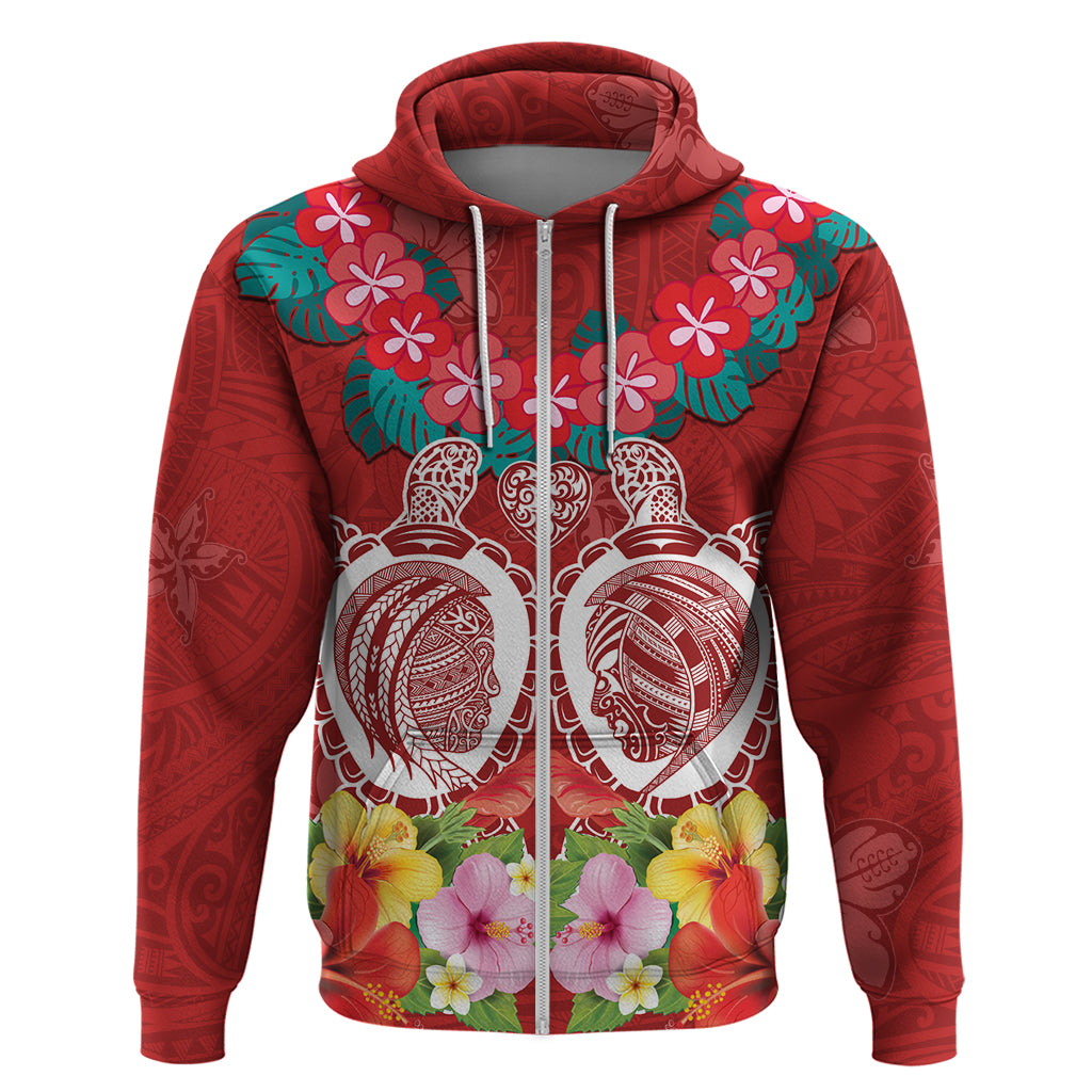Polynesian Valentine Day Zip Hoodie Love Couple Turtle Maori Hibiscus Red Style LT03 Zip Hoodie Red - Polynesian Pride