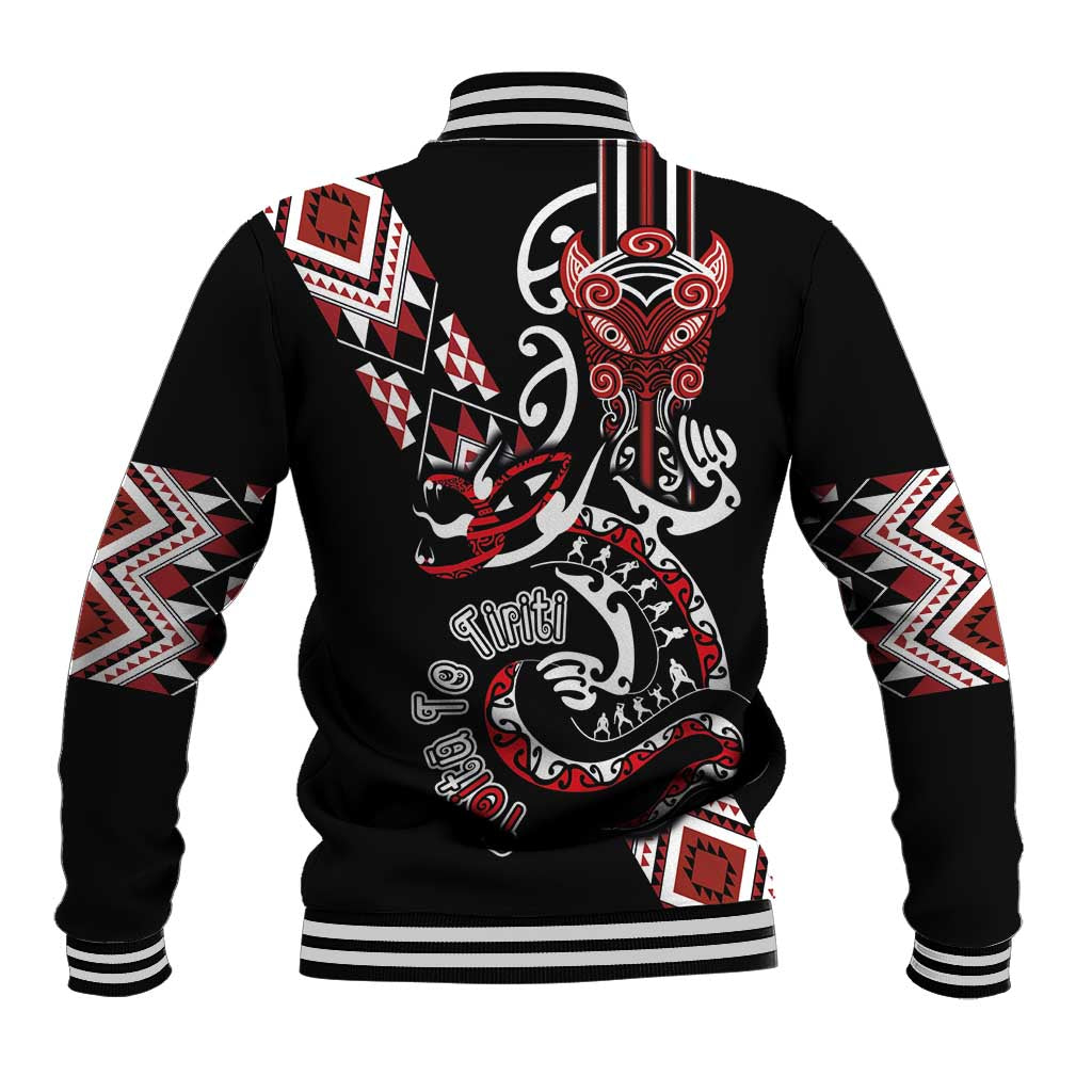 Aotearoa Toitu Te Tiriti-Honour the Treaty Baseball Jacket Maori Taniwha Haka with Taniko and Tukutuku