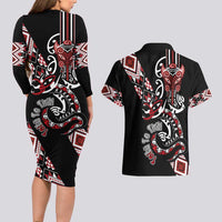 Aotearoa Toitu Te Tiriti-Honour the Treaty Couples Matching Long Sleeve Bodycon Dress and Hawaiian Shirt Maori Taniwha Haka with Taniko and Tukutuku LT03 - Polynesian Pride