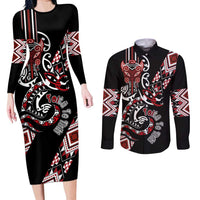 Aotearoa Toitu Te Tiriti-Honour the Treaty Couples Matching Long Sleeve Bodycon Dress and Long Sleeve Button Shirt Maori Taniwha Haka with Taniko and Tukutuku LT03 Black - Polynesian Pride