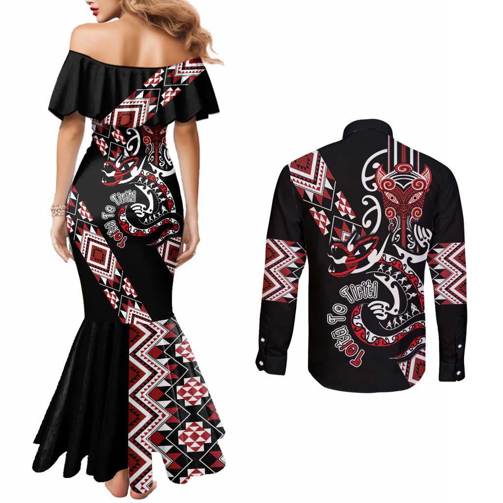 Aotearoa Toitu Te Tiriti-Honour the Treaty Couples Matching Mermaid Dress and Long Sleeve Button Shirt Maori Taniwha Haka with Taniko and Tukutuku LT03 - Polynesian Pride