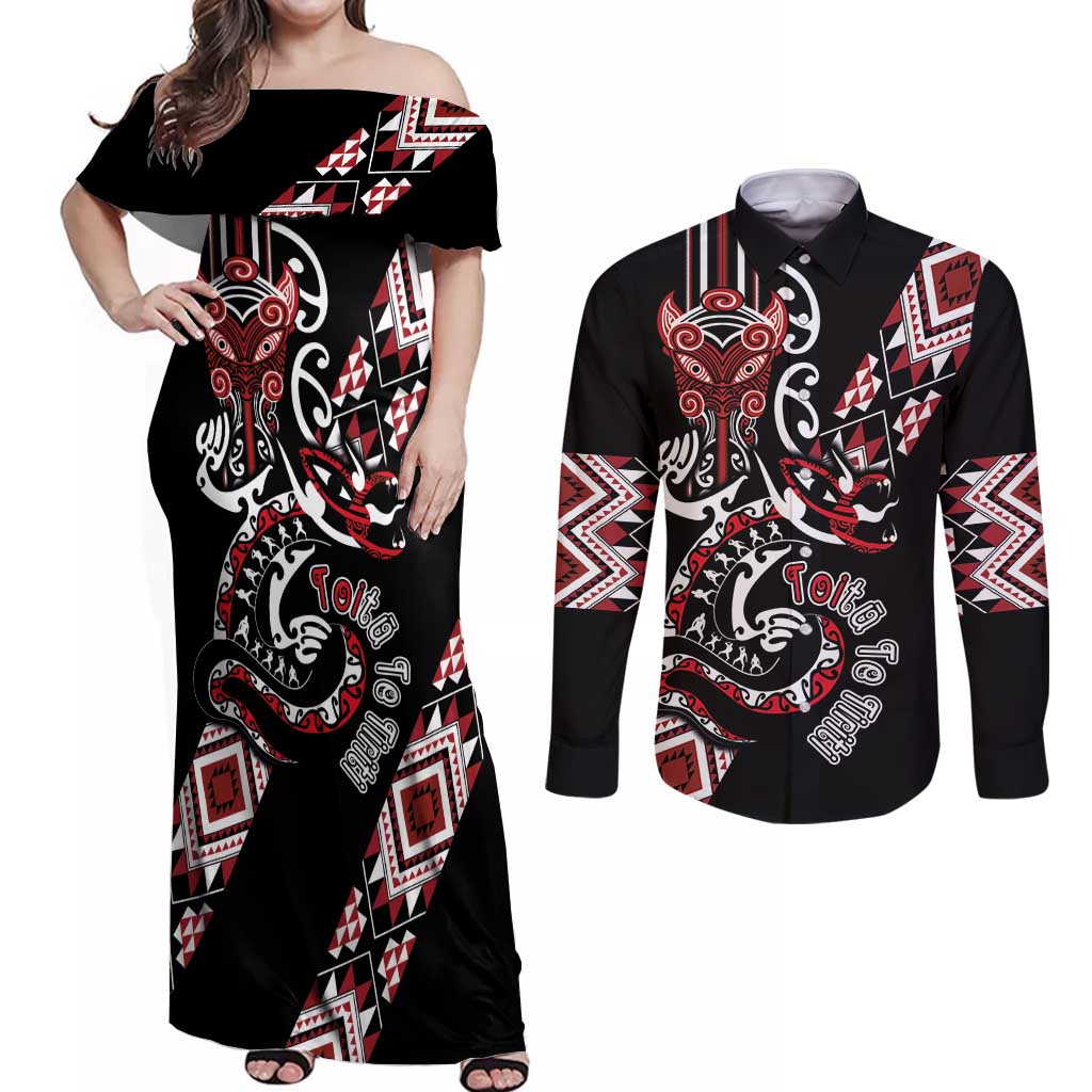 Aotearoa Toitu Te Tiriti-Honour the Treaty Couples Matching Off Shoulder Maxi Dress and Long Sleeve Button Shirt Maori Taniwha Haka with Taniko and Tukutuku LT03 Black - Polynesian Pride