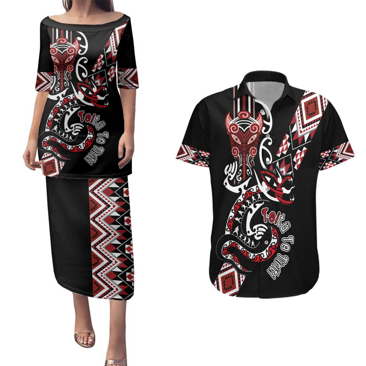 Aotearoa Toitu Te Tiriti-Honour the Treaty Couples Matching Puletasi and Hawaiian Shirt Maori Taniwha Haka with Taniko and Tukutuku LT03 Black - Polynesian Pride
