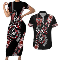 Aotearoa Toitu Te Tiriti-Honour the Treaty Couples Matching Short Sleeve Bodycon Dress and Hawaiian Shirt Maori Taniwha Haka with Taniko and Tukutuku LT03 Black - Polynesian Pride