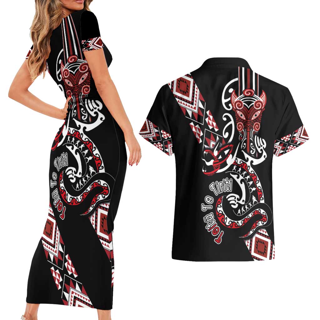 Aotearoa Toitu Te Tiriti-Honour the Treaty Couples Matching Short Sleeve Bodycon Dress and Hawaiian Shirt Maori Taniwha Haka with Taniko and Tukutuku LT03 - Polynesian Pride
