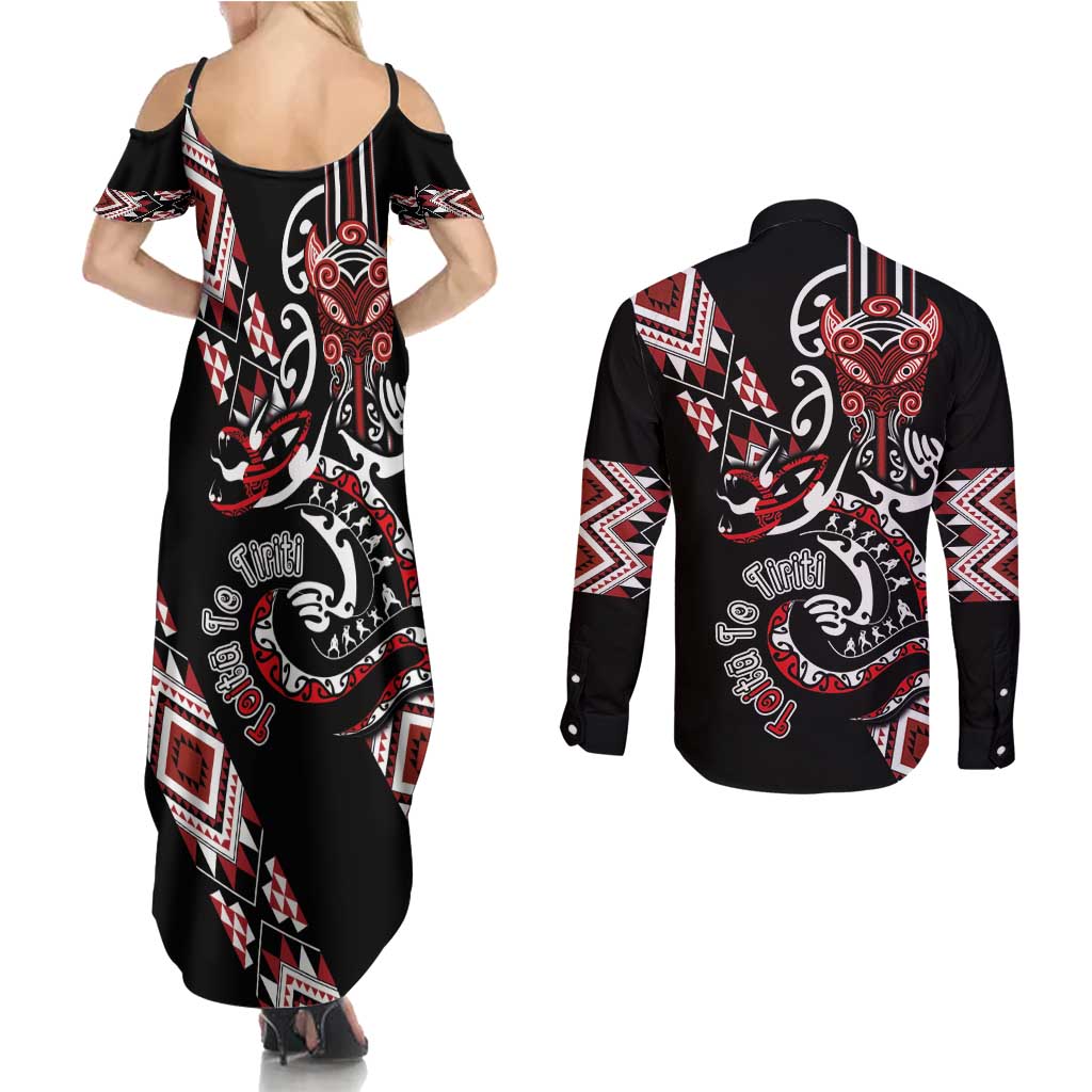 Aotearoa Toitu Te Tiriti-Honour the Treaty Couples Matching Summer Maxi Dress and Long Sleeve Button Shirt Maori Taniwha Haka with Taniko and Tukutuku LT03 - Polynesian Pride