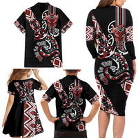 Aotearoa Toitu Te Tiriti-Honour the Treaty Family Matching Long Sleeve Bodycon Dress and Hawaiian Shirt Maori Taniwha Haka with Taniko and Tukutuku LT03 - Polynesian Pride