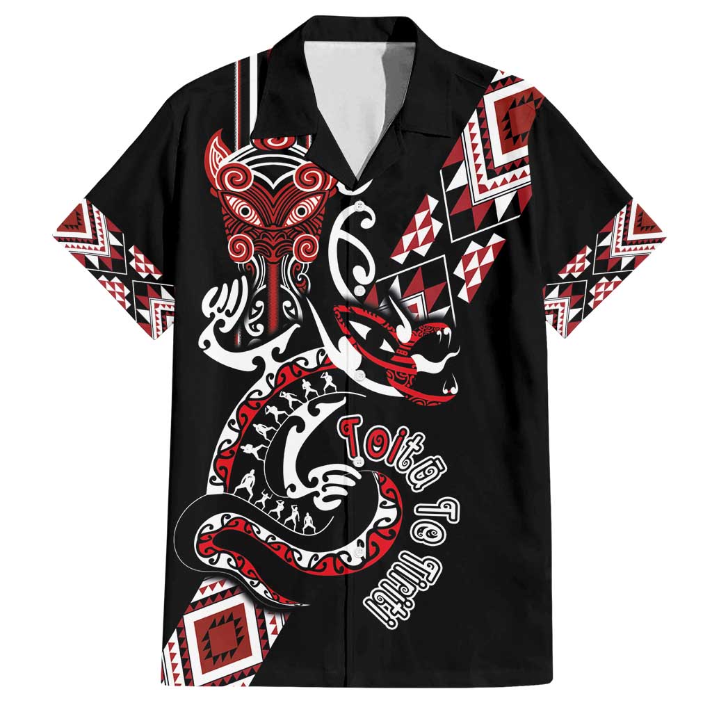 Aotearoa Toitu Te Tiriti-Honour the Treaty Family Matching Long Sleeve Bodycon Dress and Hawaiian Shirt Maori Taniwha Haka with Taniko and Tukutuku LT03 Dad's Shirt - Short Sleeve Black - Polynesian Pride