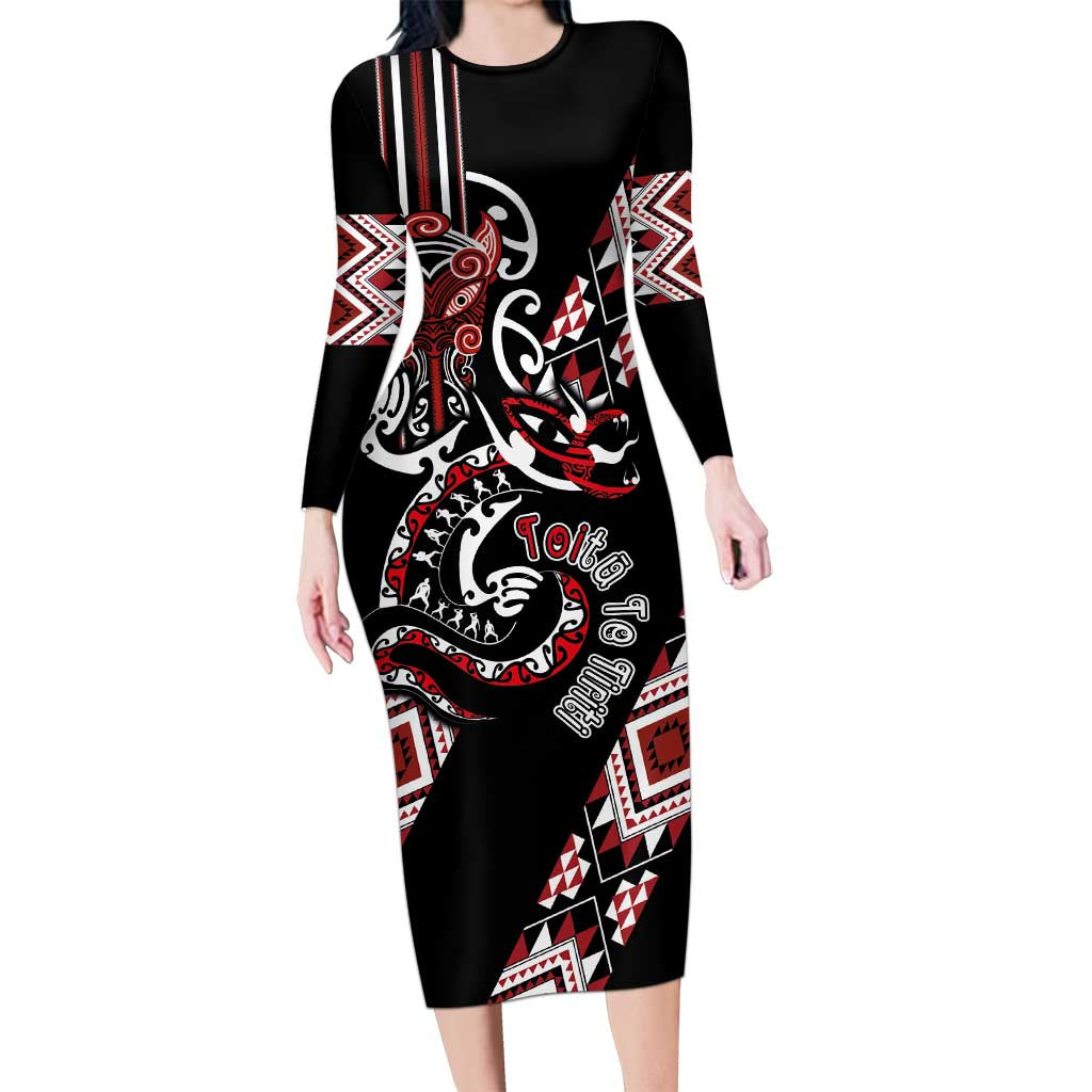 Aotearoa Toitu Te Tiriti-Honour the Treaty Family Matching Long Sleeve Bodycon Dress and Hawaiian Shirt Maori Taniwha Haka with Taniko and Tukutuku LT03 Mom's Dress Black - Polynesian Pride