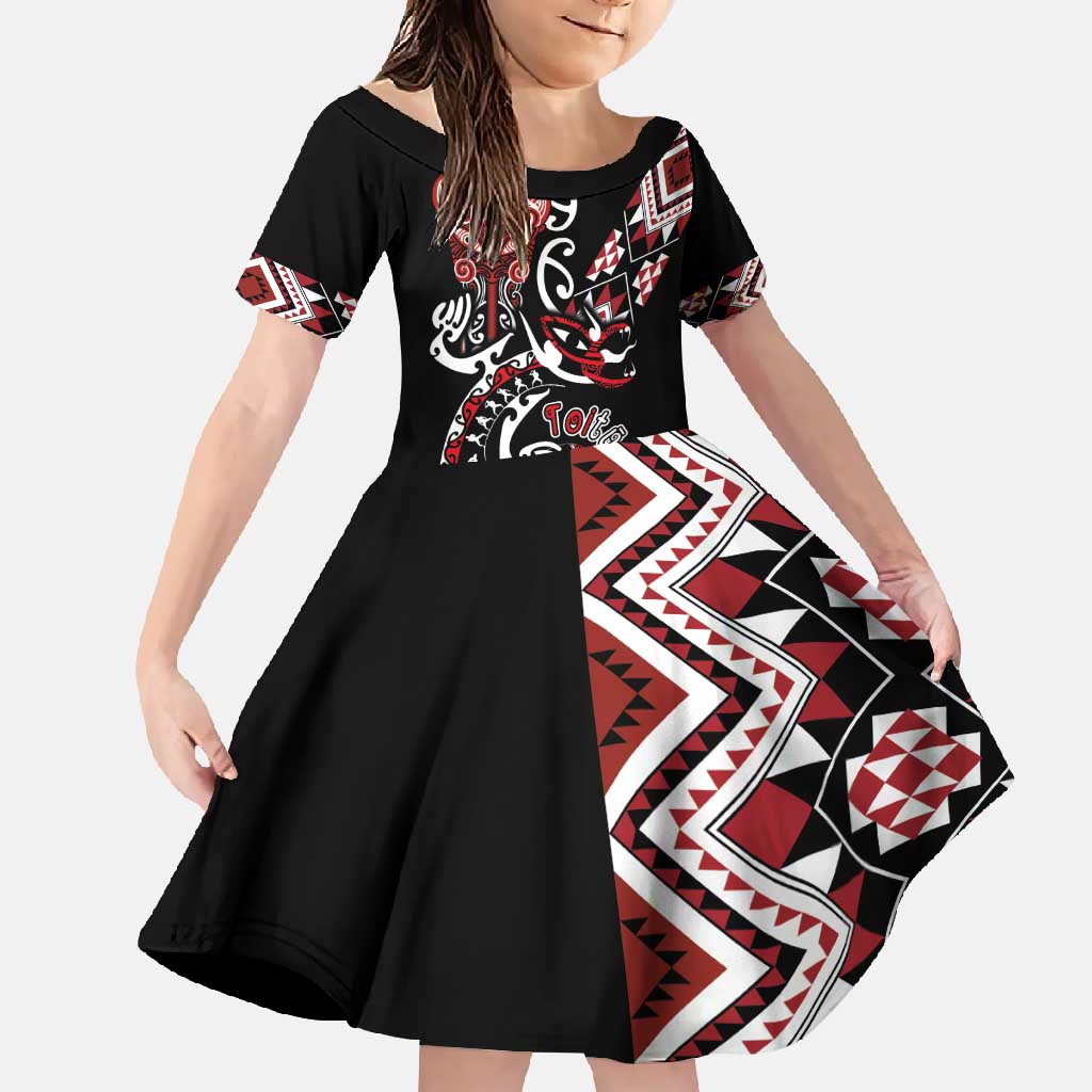 Aotearoa Toitu Te Tiriti-Honour the Treaty Family Matching Mermaid Dress and Hawaiian Shirt Maori Taniwha Haka with Taniko and Tukutuku LT03 Daughter's Dress Black - Polynesian Pride