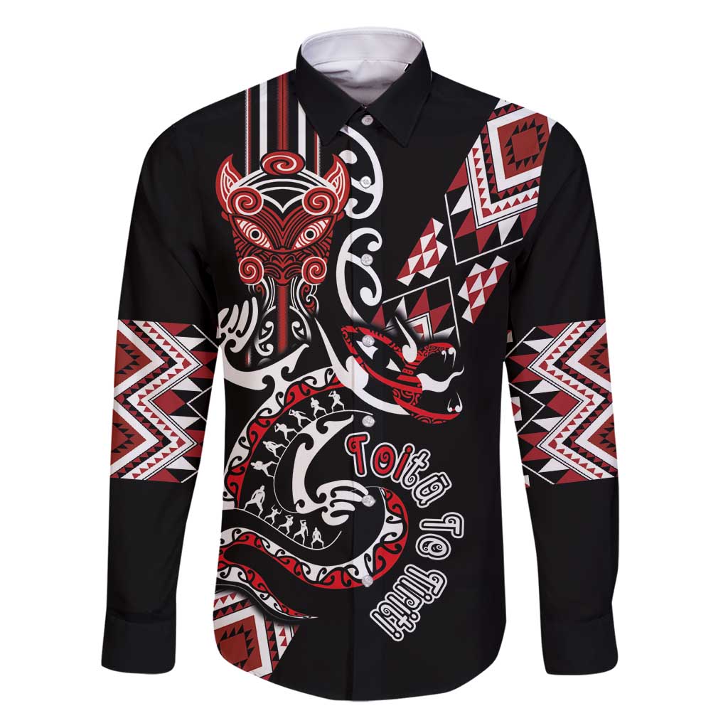 Aotearoa Toitu Te Tiriti-Honour the Treaty Family Matching Mermaid Dress and Hawaiian Shirt Maori Taniwha Haka with Taniko and Tukutuku LT03 Dad's Shirt - Long Sleeve Black - Polynesian Pride