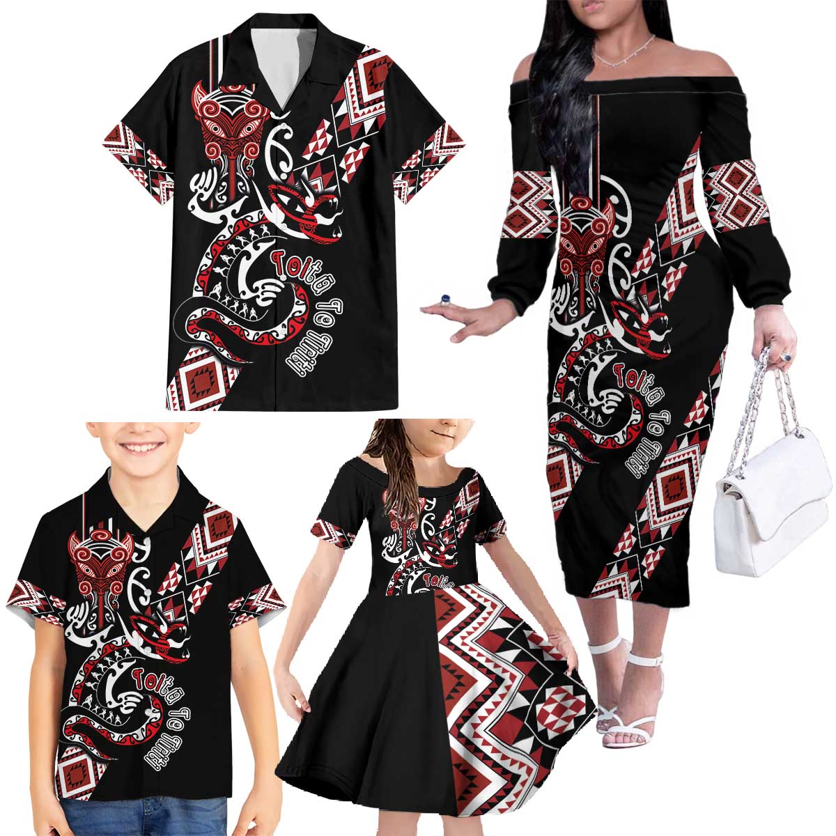 Aotearoa Toitu Te Tiriti-Honour the Treaty Family Matching Off The Shoulder Long Sleeve Dress and Hawaiian Shirt Maori Taniwha Haka with Taniko and Tukutuku