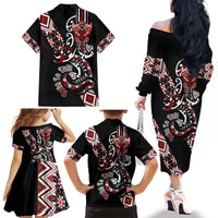 Aotearoa Toitu Te Tiriti-Honour the Treaty Family Matching Off The Shoulder Long Sleeve Dress and Hawaiian Shirt Maori Taniwha Haka with Taniko and Tukutuku