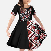 Aotearoa Toitu Te Tiriti-Honour the Treaty Family Matching Off Shoulder Maxi Dress and Hawaiian Shirt Maori Taniwha Haka with Taniko and Tukutuku LT03 Daughter's Dress Black - Polynesian Pride