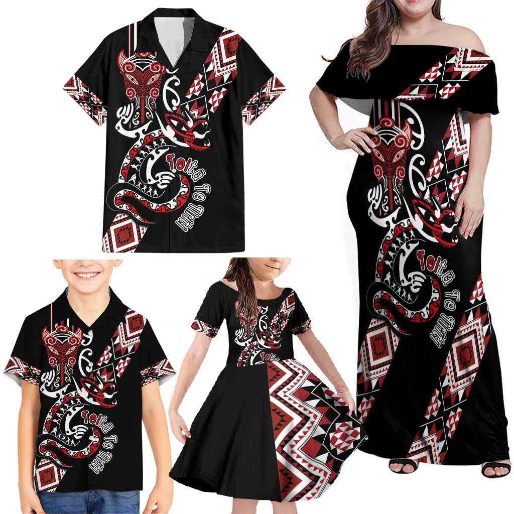 Aotearoa Toitu Te Tiriti-Honour the Treaty Family Matching Off Shoulder Maxi Dress and Hawaiian Shirt Maori Taniwha Haka with Taniko and Tukutuku LT03 - Polynesian Pride