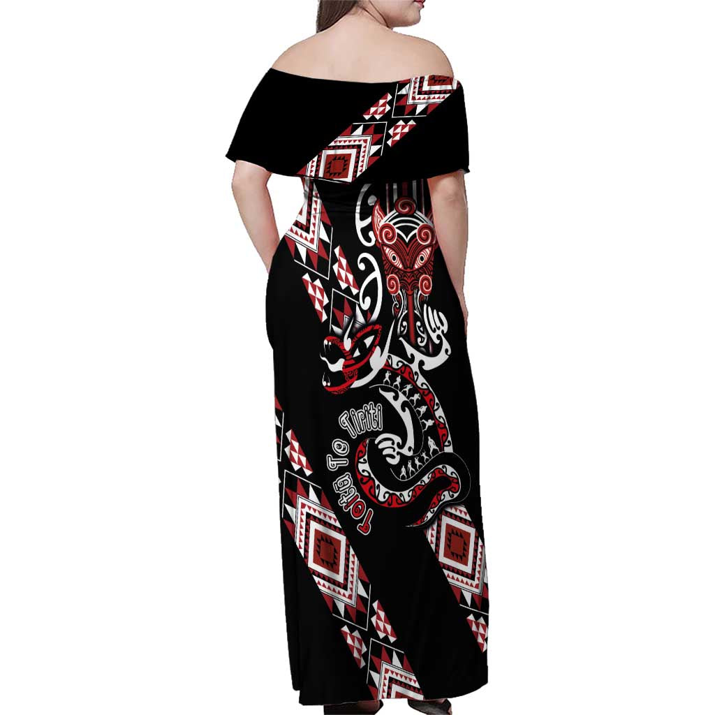 Aotearoa Toitu Te Tiriti-Honour the Treaty Family Matching Off Shoulder Maxi Dress and Hawaiian Shirt Maori Taniwha Haka with Taniko and Tukutuku LT03 - Polynesian Pride