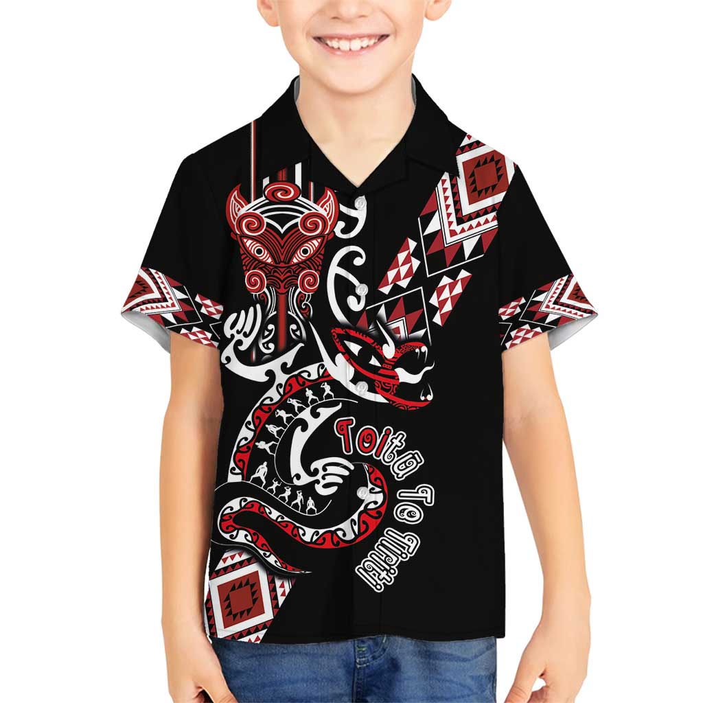 Aotearoa Toitu Te Tiriti-Honour the Treaty Family Matching Off Shoulder Maxi Dress and Hawaiian Shirt Maori Taniwha Haka with Taniko and Tukutuku LT03 Son's Shirt Black - Polynesian Pride