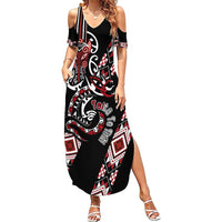 Aotearoa Toitu Te Tiriti-Honour the Treaty Family Matching Summer Maxi Dress and Hawaiian Shirt Maori Taniwha Haka with Taniko and Tukutuku LT03 Mom's Dress Black - Polynesian Pride