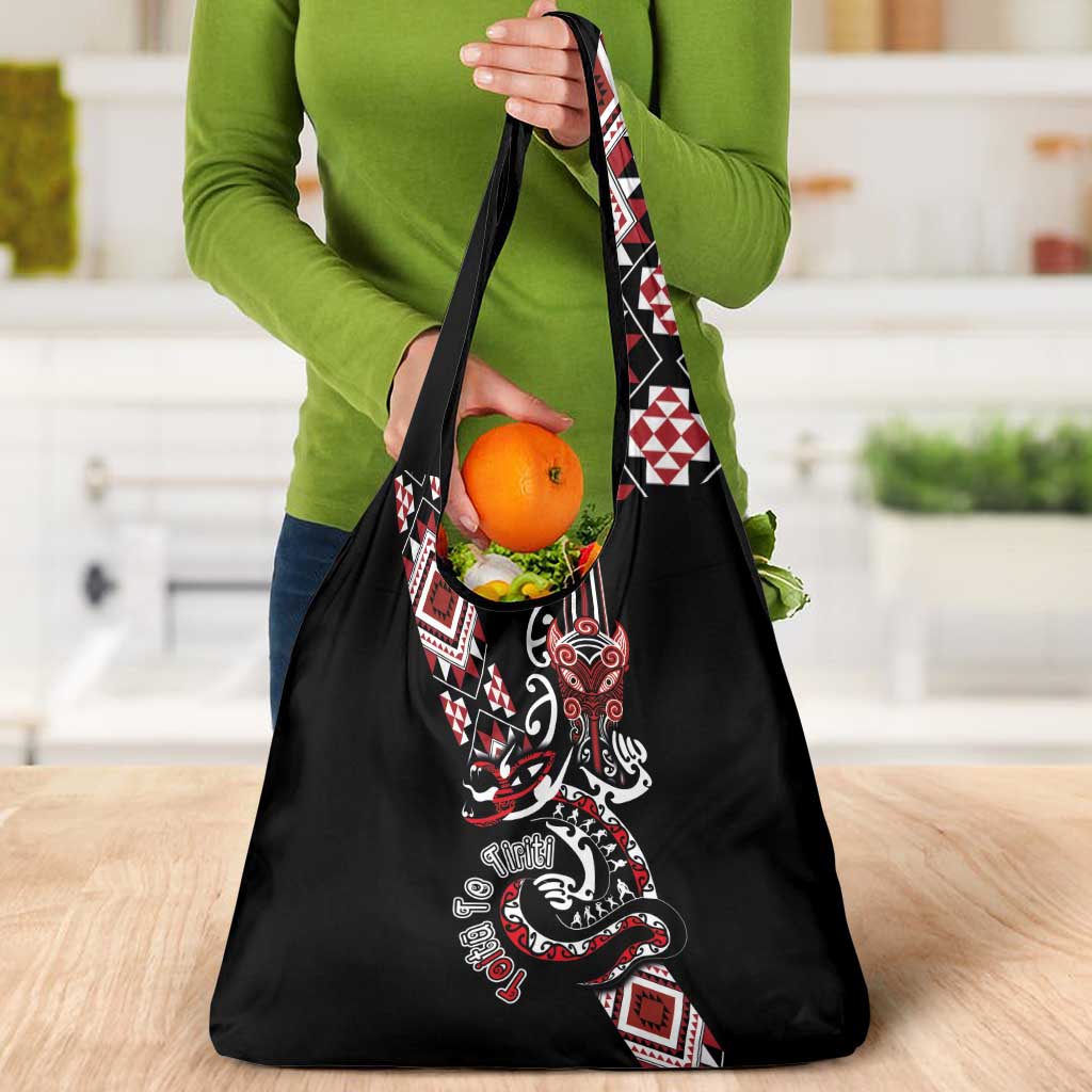 Aotearoa Toitu Te Tiriti-Honour the Treaty Grocery Bag Maori Taniwha Haka with Taniko and Tukutuku