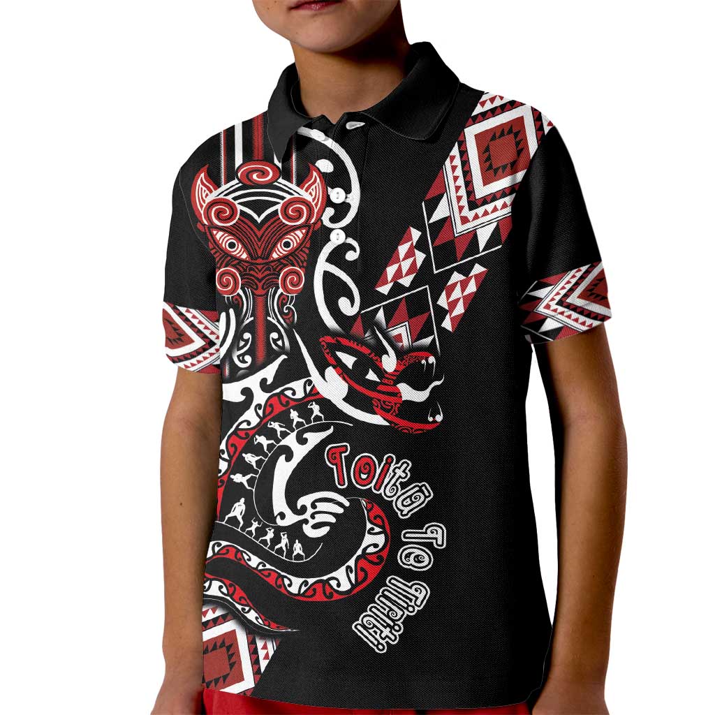 Aotearoa Toitu Te Tiriti-Honour the Treaty Kid Polo Shirt Maori Taniwha Haka with Taniko and Tukutuku LT03 Kid Black - Polynesian Pride