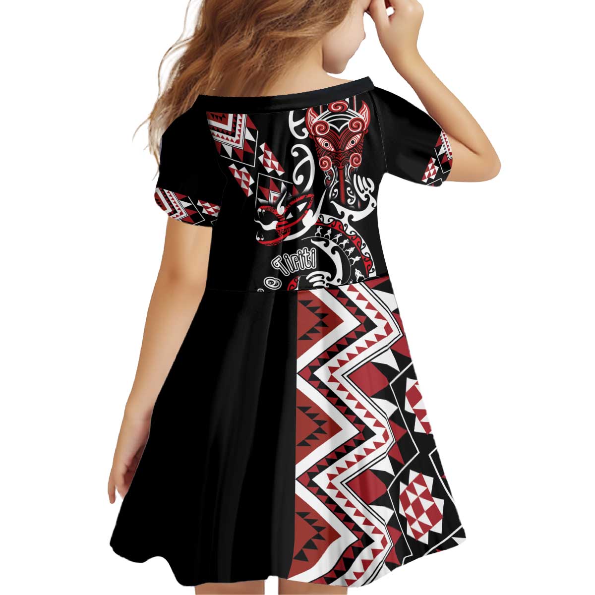 Aotearoa Toitu Te Tiriti-Honour the Treaty Kid Short Sleeve Dress Maori Taniwha Haka with Taniko and Tukutuku