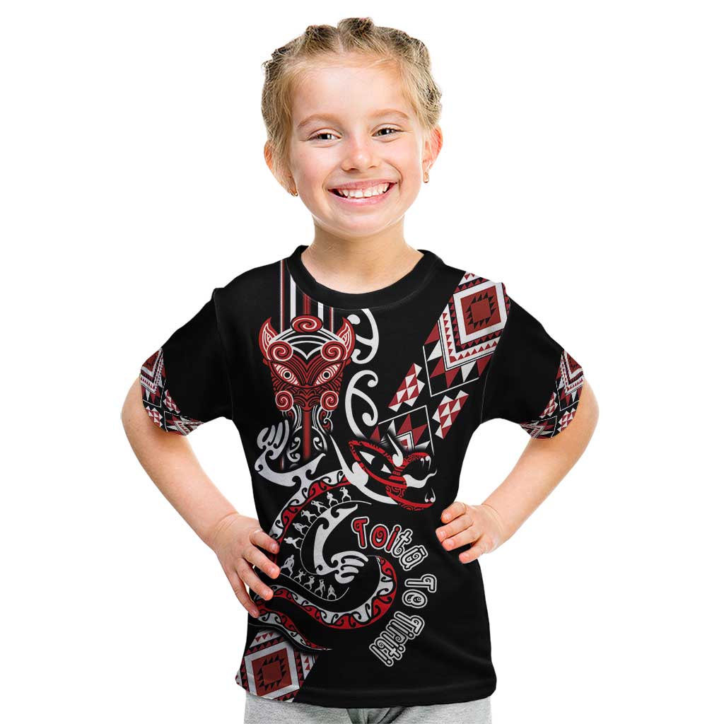 Aotearoa Toitu Te Tiriti-Honour the Treaty Kid T Shirt Maori Taniwha Haka with Taniko and Tukutuku LT03 Black - Polynesian Pride