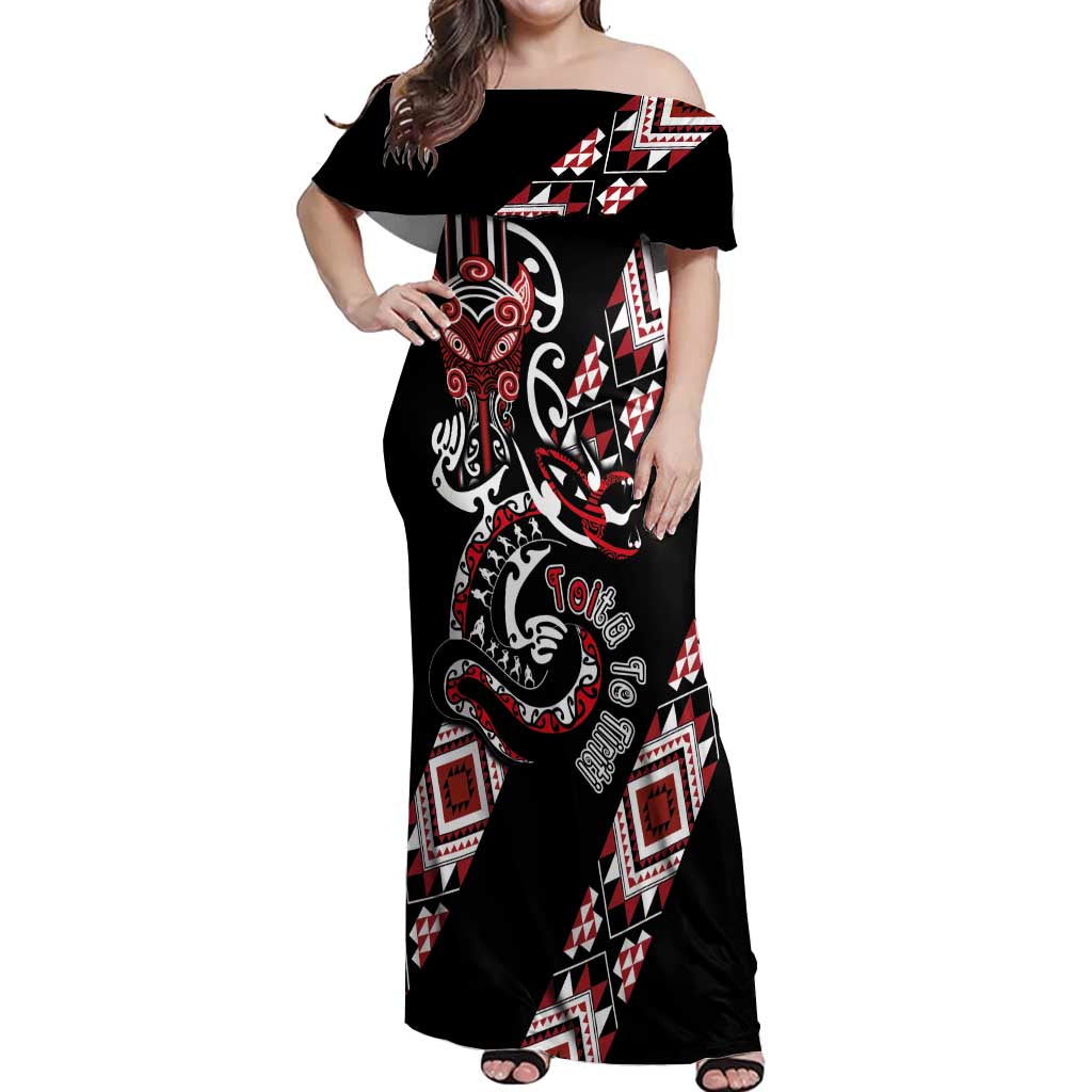 Aotearoa Toitu Te Tiriti-Honour the Treaty Off Shoulder Maxi Dress Maori Taniwha Haka with Taniko and Tukutuku