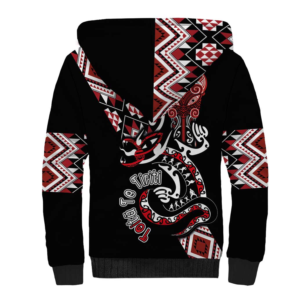 Aotearoa Toitu Te Tiriti-Honour the Treaty Sherpa Hoodie Maori Taniwha Haka with Taniko and Tukutuku