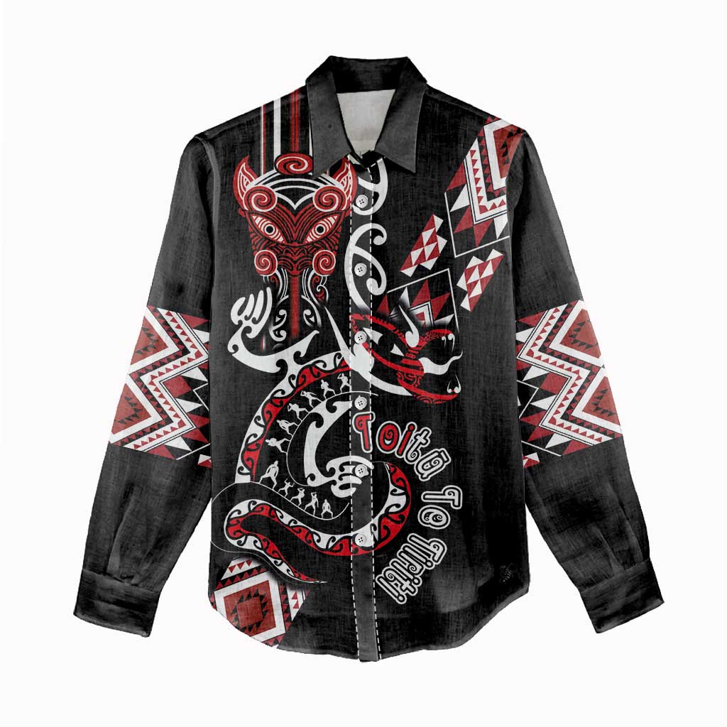 Aotearoa Toitu Te Tiriti-Honour the Treaty Women Casual Shirt Maori Taniwha Haka with Taniko and Tukutuku LT03 - Polynesian Pride