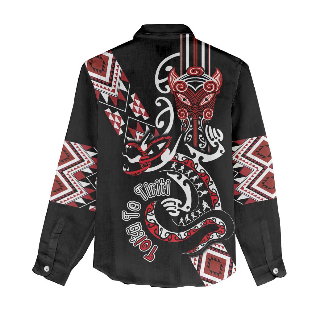 Aotearoa Toitu Te Tiriti-Honour the Treaty Women Casual Shirt Maori Taniwha Haka with Taniko and Tukutuku LT03 - Polynesian Pride