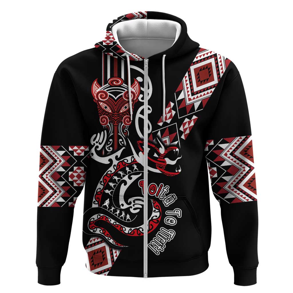 Aotearoa Toitu Te Tiriti-Honour the Treaty Zip Hoodie Maori Taniwha Haka with Taniko and Tukutuku