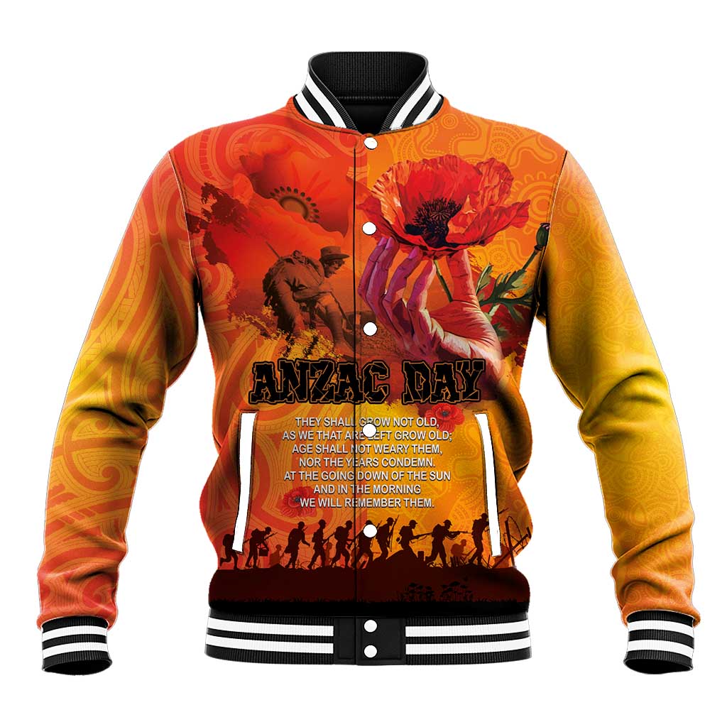Australia and New Zealand ANZAC Day Baseball Jacket Soldiers Memories - Red Poppies with Aboriginal and Maori Art
